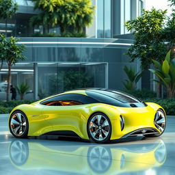 A futuristic concept car design that embodies ecology and innovation, featuring a curvy, round, and sleek body that exudes a sensual appeal