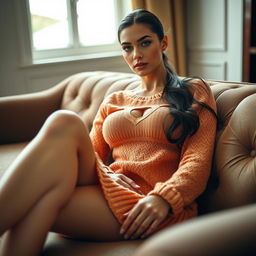 A strikingly realistic photo of a beautiful, thin dominatrix with large fake breasts, elegantly sitting with her legs crossed on a posh sofa