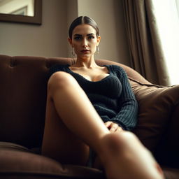 A strikingly realistic photo of a beautiful, thin dominatrix with large fake breasts, elegantly sitting with her legs crossed on a posh sofa