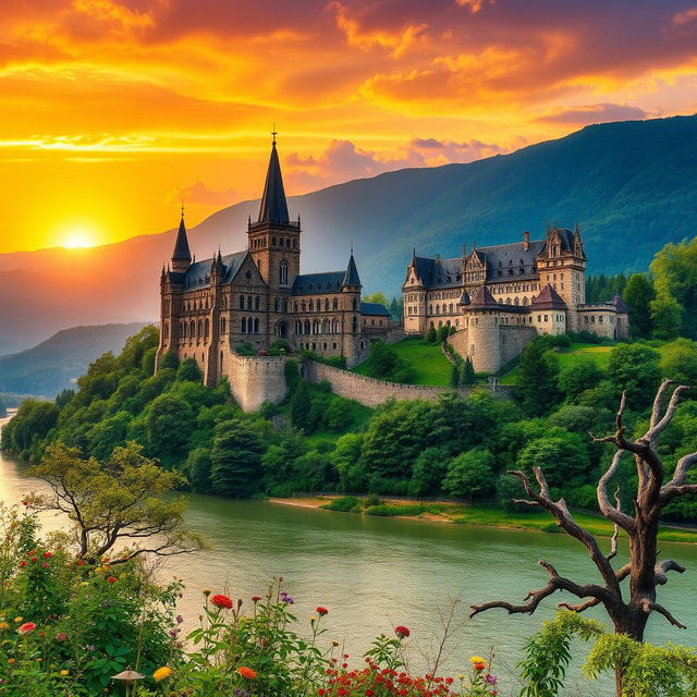 A breathtaking landscape of gothic castles in Hungary, featuring intricate architectural details with pointed arches, towering spires, and ornate stone carvings