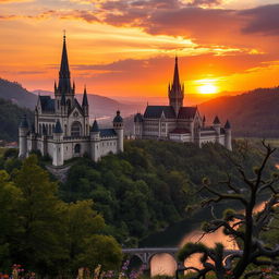 A breathtaking landscape of gothic castles in Hungary, featuring intricate architectural details with pointed arches, towering spires, and ornate stone carvings