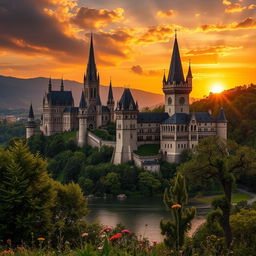 A breathtaking landscape of gothic castles in Hungary, featuring intricate architectural details with pointed arches, towering spires, and ornate stone carvings
