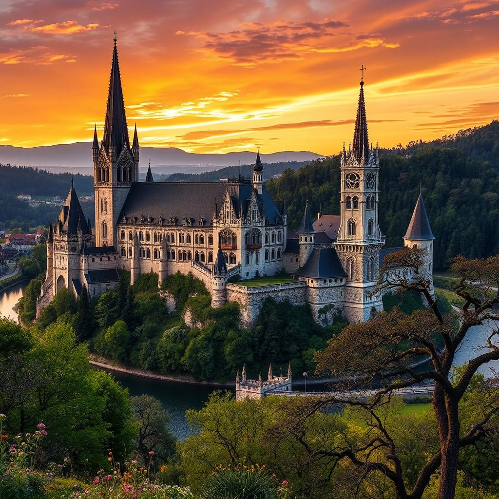 A breathtaking landscape of gothic castles in Hungary, featuring intricate architectural details with pointed arches, towering spires, and ornate stone carvings