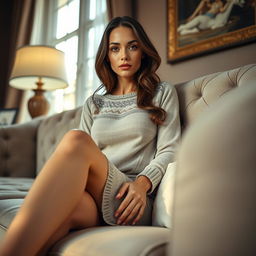 A strikingly realistic photo of a beautiful, thin dominatrix with large fake breasts, elegantly wearing a soft fairisle sweater dress while sitting with her legs crossed on a luxurious posh sofa