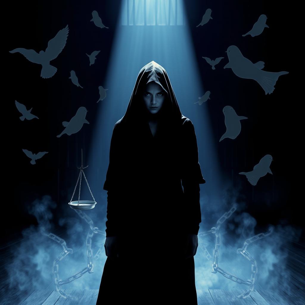 A dark and intense scene depicting a mysterious woman cloaked in shadows, standing in front of a large, ominous background suggesting a courtroom or prison