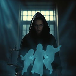 A dark and intense scene depicting a mysterious woman cloaked in shadows, standing in front of a large, ominous background suggesting a courtroom or prison