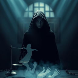 A dark and intense scene depicting a mysterious woman cloaked in shadows, standing in front of a large, ominous background suggesting a courtroom or prison