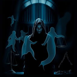 A dark and intense scene depicting a mysterious woman cloaked in shadows, standing in front of a large, ominous background suggesting a courtroom or prison