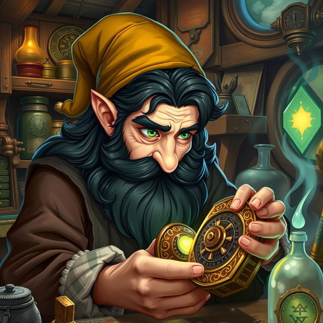 A highly detailed and realistic art style illustration of a dexterous male gnome wizard known for his perfectionism