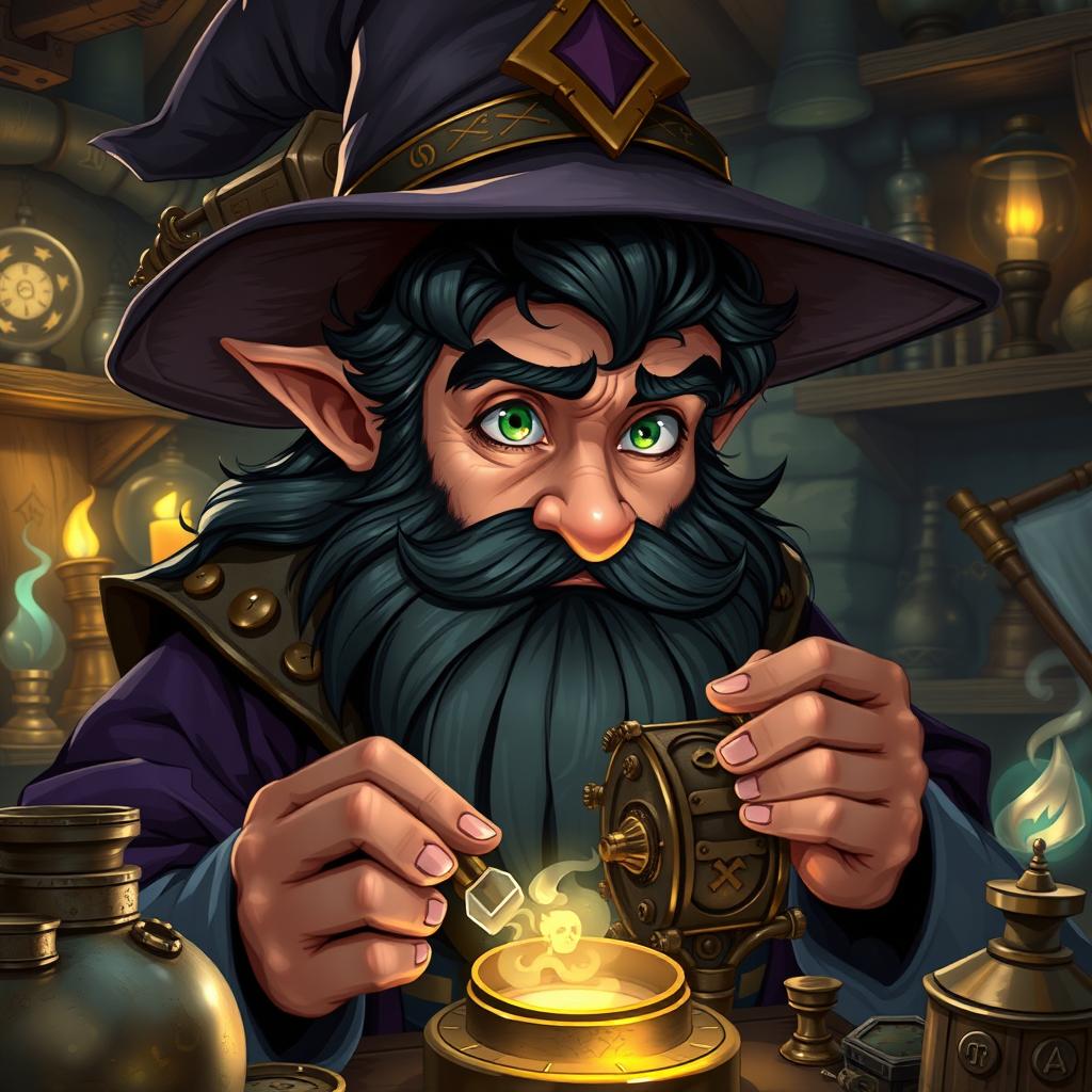 A highly detailed and realistic art style illustration of a dexterous male gnome wizard known for his perfectionism