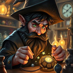 A highly detailed and realistic art style illustration of a dexterous male gnome wizard known for his perfectionism