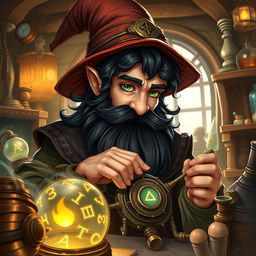 A highly detailed and realistic art style illustration of a dexterous male gnome wizard known for his perfectionism