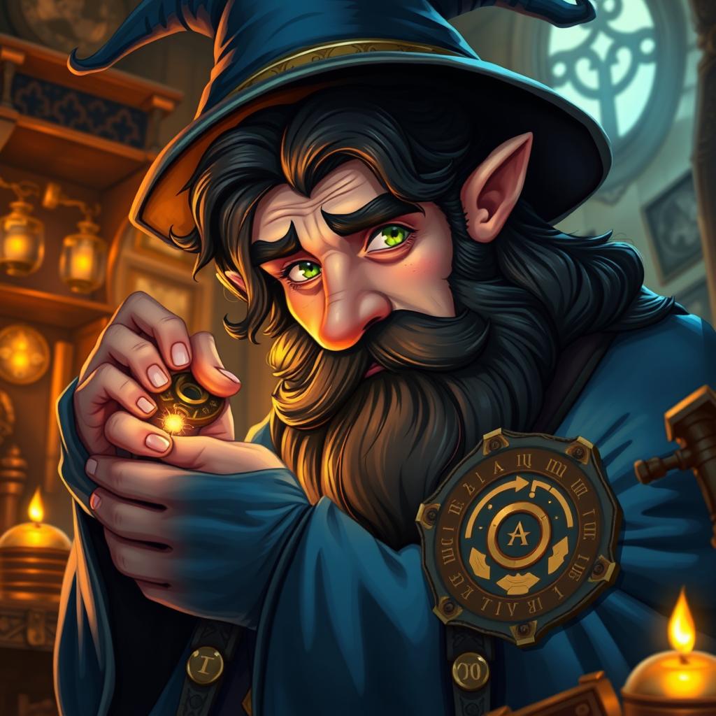 A highly detailed and realistic art style illustration of a dexterous male gnome wizard known for his perfectionism