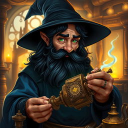 A highly detailed and realistic art style illustration of a dexterous male gnome wizard known for his perfectionism