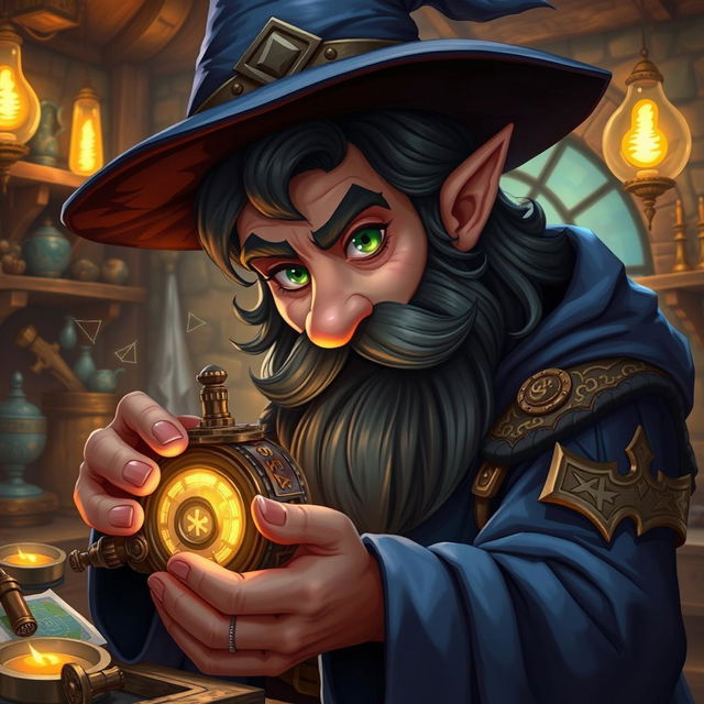 A highly detailed and realistic art style illustration of a dexterous male gnome wizard known for his perfectionism
