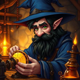 A highly detailed and realistic art style illustration of a dexterous male gnome wizard known for his perfectionism