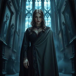 A striking portrait of a noblewoman standing in a grand, eerie castle setting, draped in luxurious yet dark garments that flow elegantly around her