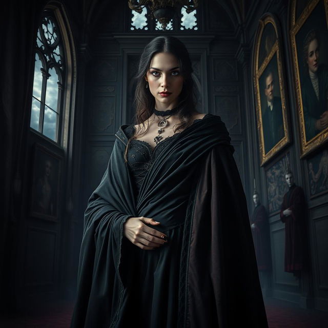 A striking portrait of a noblewoman standing in a grand, eerie castle setting, draped in luxurious yet dark garments that flow elegantly around her