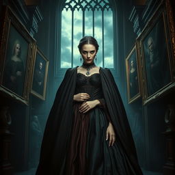 A striking portrait of a noblewoman standing in a grand, eerie castle setting, draped in luxurious yet dark garments that flow elegantly around her