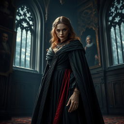 A striking portrait of a noblewoman standing in a grand, eerie castle setting, draped in luxurious yet dark garments that flow elegantly around her