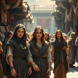 A historical depiction of an ancient marketplace setting with a focus on a group of young women dressed in traditional garments to fit the era, showcasing a vibrant and colorful atmosphere