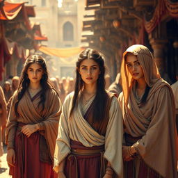 A historical depiction of an ancient marketplace setting with a focus on a group of young women dressed in traditional garments to fit the era, showcasing a vibrant and colorful atmosphere