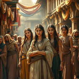 A historical depiction of an ancient marketplace setting with a focus on a group of young women dressed in traditional garments to fit the era, showcasing a vibrant and colorful atmosphere