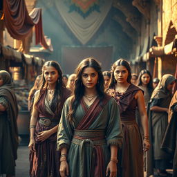A historical depiction of an ancient marketplace setting with a focus on a group of young women dressed in traditional garments to fit the era, showcasing a vibrant and colorful atmosphere