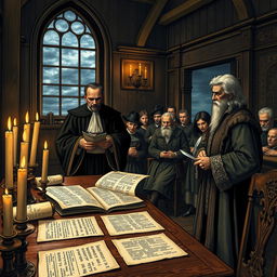 A detailed historical document depicting accusations from a courtroom scene in the 17th century