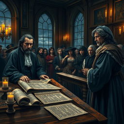 A detailed historical document depicting accusations from a courtroom scene in the 17th century