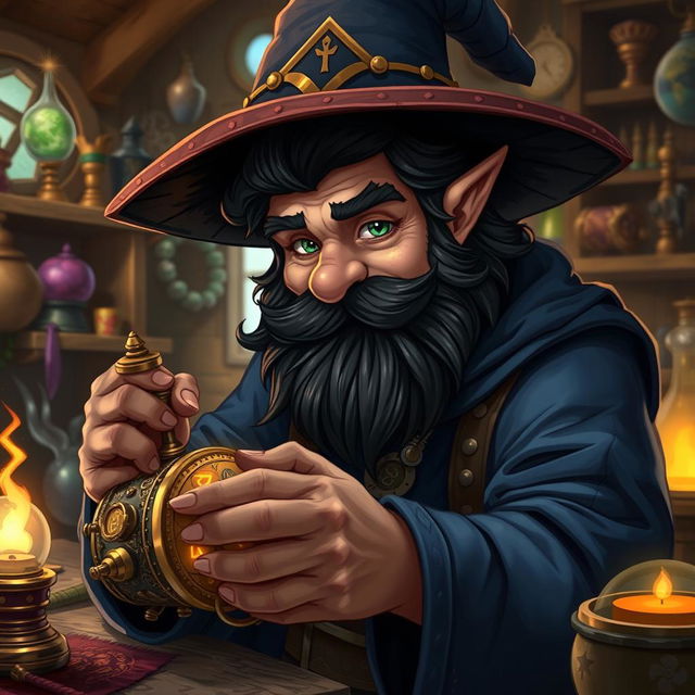 A highly detailed and realistic art style illustration of a dexterous male gnome wizard known for his perfectionism