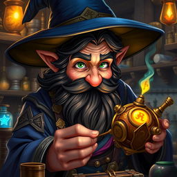 A highly detailed and realistic art style illustration of a dexterous male gnome wizard known for his perfectionism