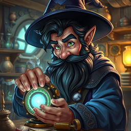 A highly detailed and realistic art style illustration of a dexterous male gnome wizard known for his perfectionism