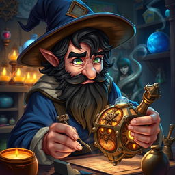 A highly detailed and realistic art style illustration of a dexterous male gnome wizard known for his perfectionism