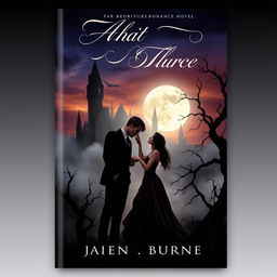 A dark and moody book cover for a gothic romance novel, featuring a mysterious castle shrouded in fog against a twilight sky