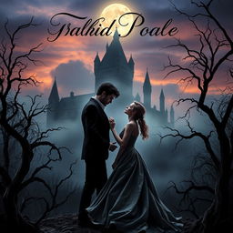 A dark and moody book cover for a gothic romance novel, featuring a mysterious castle shrouded in fog against a twilight sky