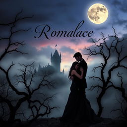 A dark and moody book cover for a gothic romance novel, featuring a mysterious castle shrouded in fog against a twilight sky
