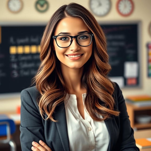 A beautiful 30-year-old woman dressed as a teacher, looking directly at the camera with a confident and inviting expression