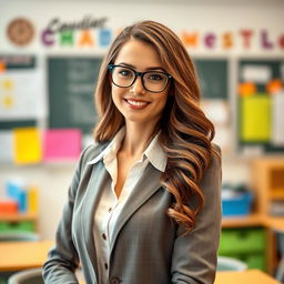 A beautiful 30-year-old woman dressed as a teacher, looking directly at the camera with a confident and inviting expression