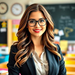 A beautiful 30-year-old woman dressed as a teacher, looking directly at the camera with a confident and inviting expression