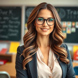 A beautiful 30-year-old woman dressed as a teacher, looking directly at the camera with a confident and inviting expression