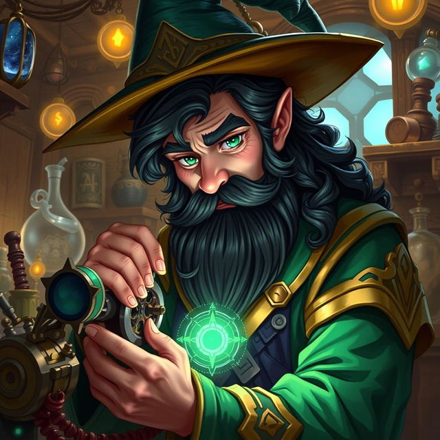 A highly detailed and realistic art style illustration of a dexterous male gnome wizard characterized by his perfectionism