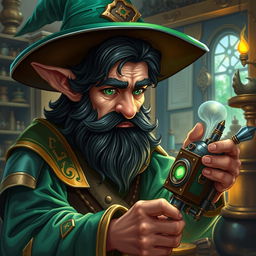 A highly detailed and realistic art style illustration of a dexterous male gnome wizard characterized by his perfectionism