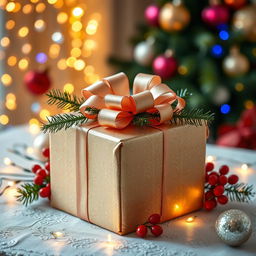 A beautifully wrapped gift box, adorned with an elegant ribbon and decorative bow