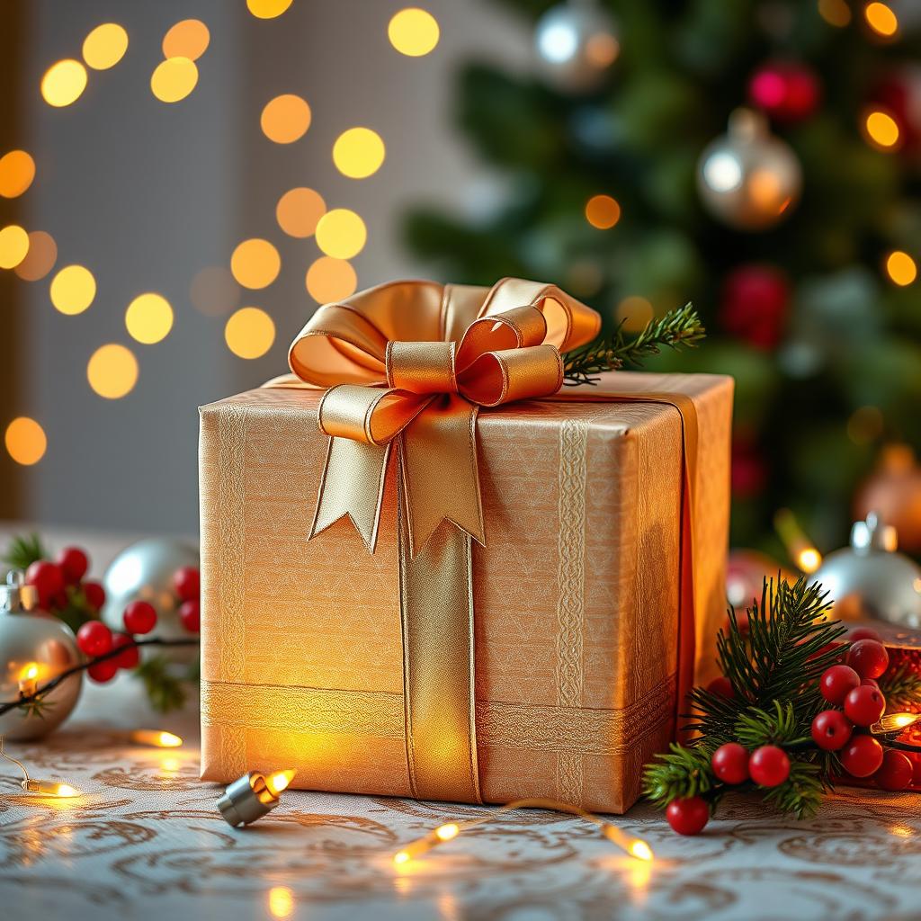 A beautifully wrapped gift box, adorned with an elegant ribbon and decorative bow