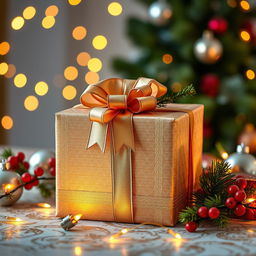 A beautifully wrapped gift box, adorned with an elegant ribbon and decorative bow