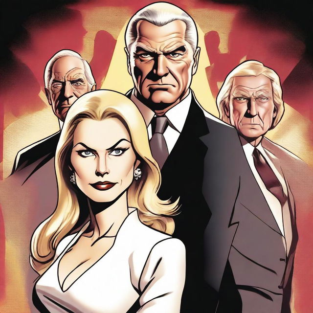 A high-quality digitally rendered film-style image featuring a sinister triad of billionaires: a cleanly-shaved 50-year-old middle-aged man, a 70-year-old blonde lady positioned in the middle, and a young man without a hood