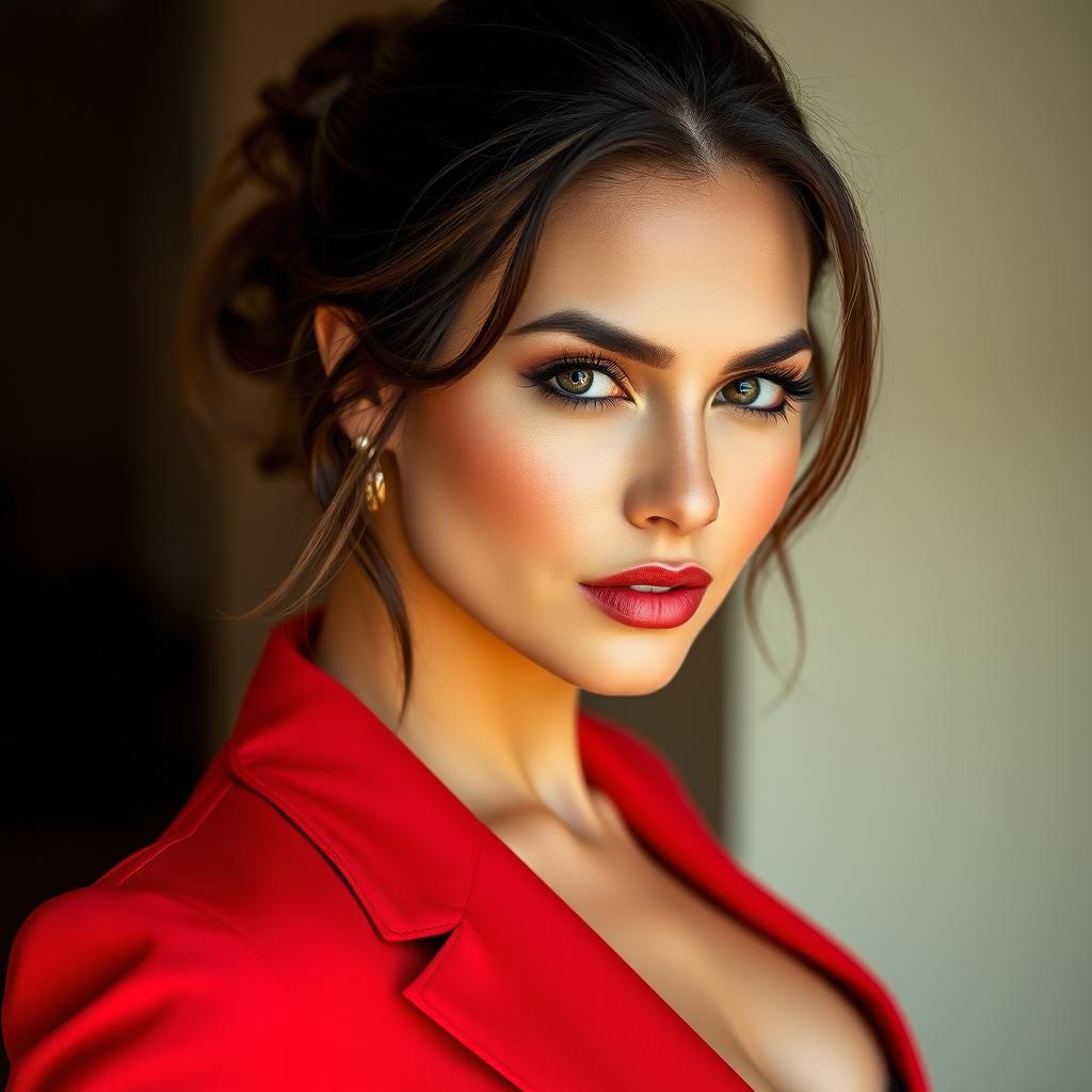 A beautiful 30-year-old woman dressed in a striking red outfit that subtly reveals a hint of her neckline