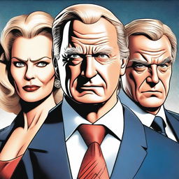 A high-quality digitally rendered film-style image featuring a sinister triad of billionaires: a cleanly-shaved 50-year-old middle-aged man, a 70-year-old blonde lady positioned in the middle, and a young man without a hood