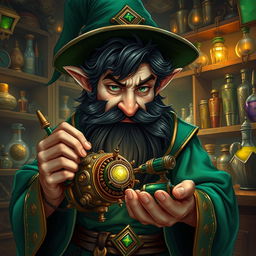 A highly detailed and realistic art style illustration of a dexterous male gnome wizard known for his perfectionism